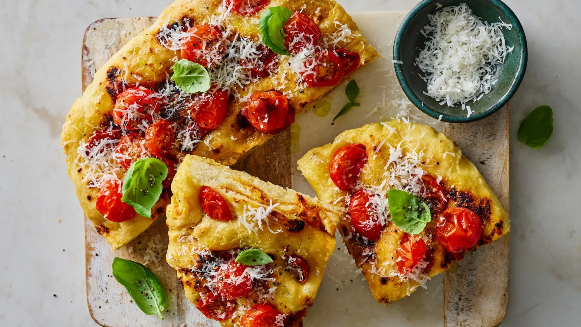 air fryer focaccia with tomatoes and basil