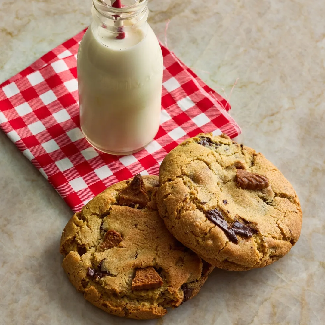 two Biscoff cookies and a glass of milk