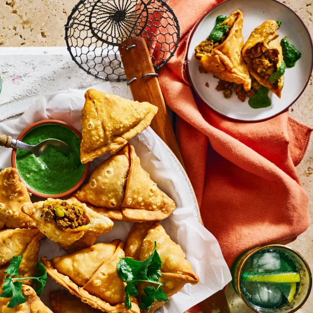 Depinder Chhibber lamb samosas with green chutney