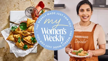 A composite image with lamb samosas on left and Depinder Chhibber in a Women's Weekly apron on the right