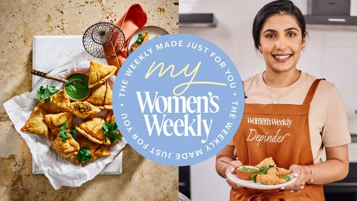 A composite image with lamb samosas on left and Depinder Chhibber in a Women's Weekly apron on the right