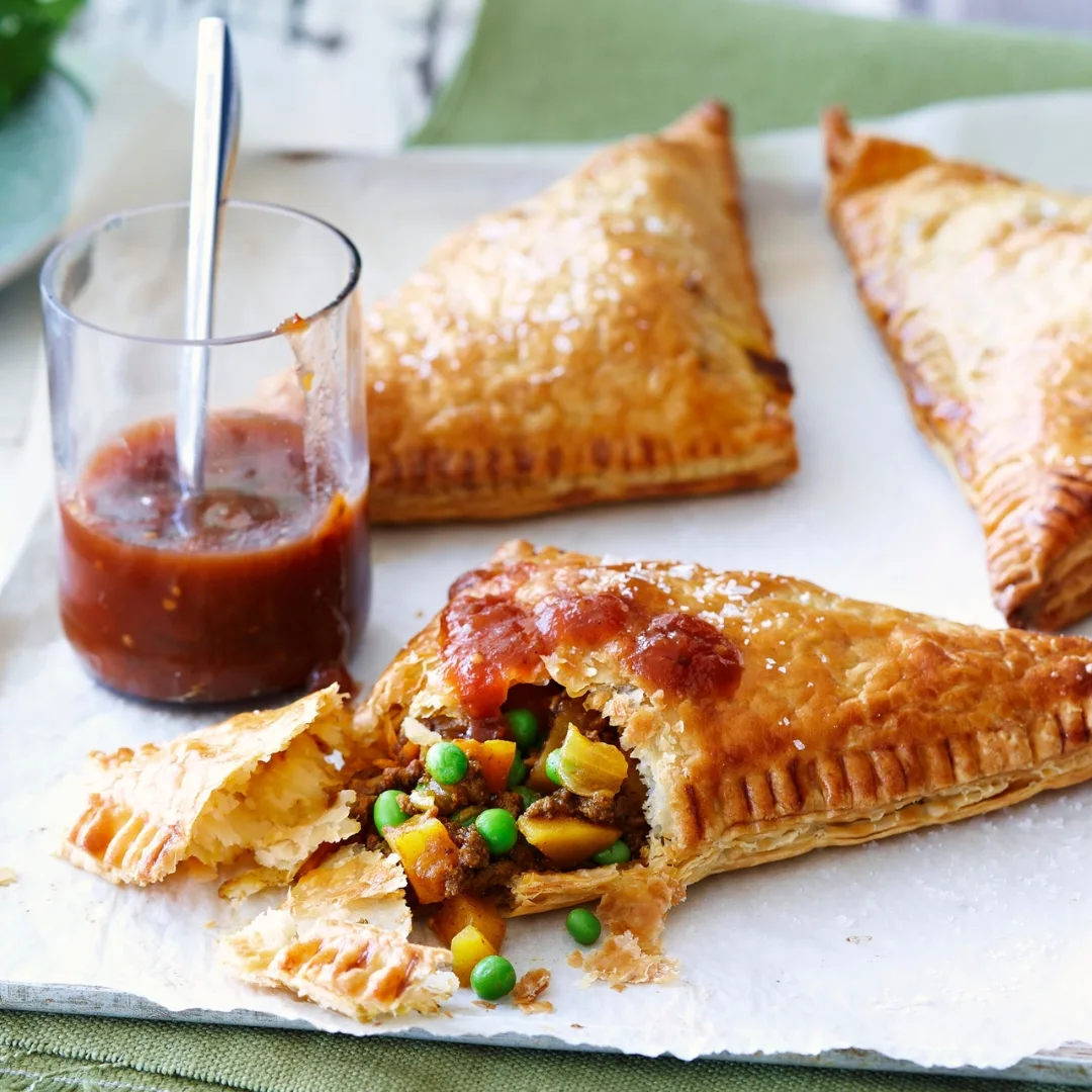 three minced beef pasties with puff pastry and a jar of chutney