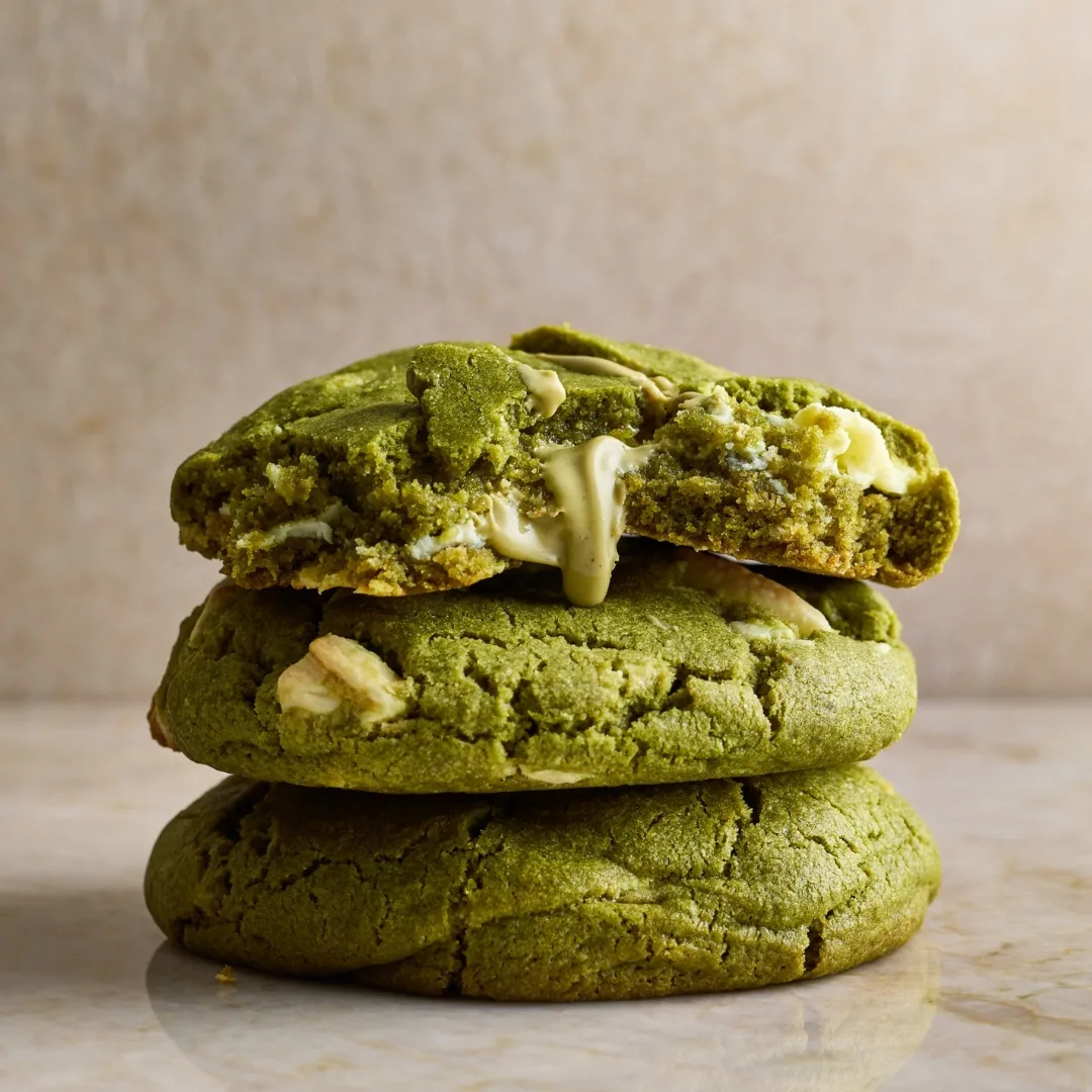 stack of three matcha cookies