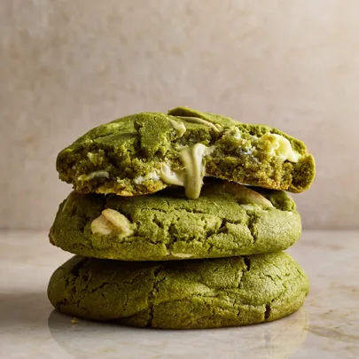 Matcha cookies with pistachio & white chocolate