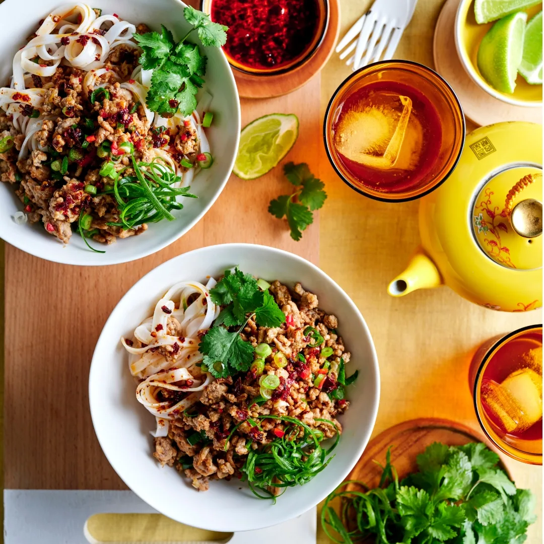 pork larb with rice noodles
