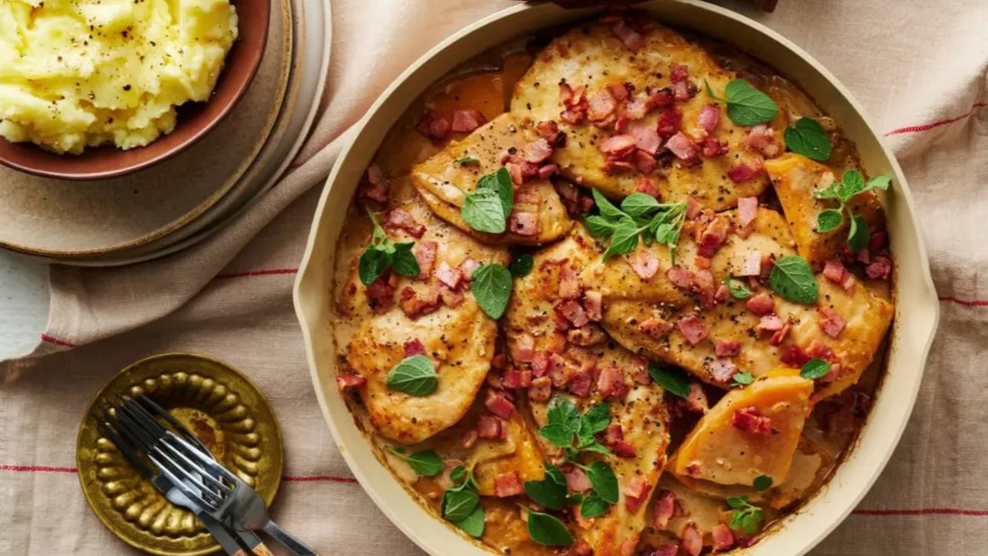 one pan creamy chicken and pumpkin with mashed potato