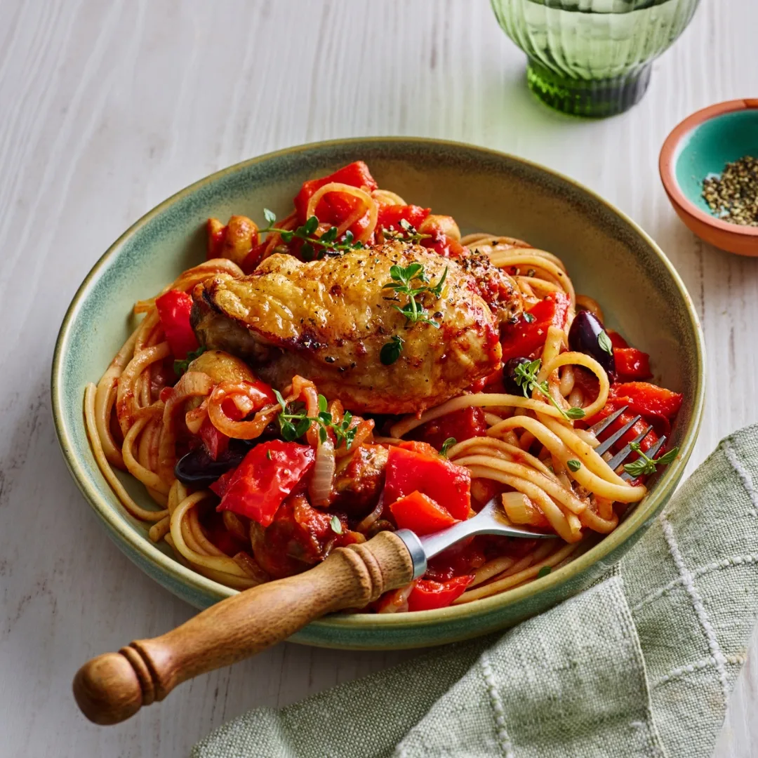 air fryer chicken cacciatore with pasta in a bowl with a fork