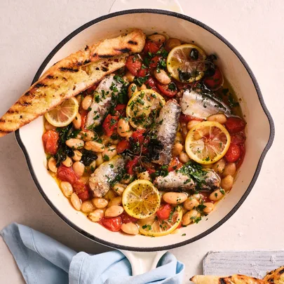 Easy one-pan Mediterranean beans with canned sardines