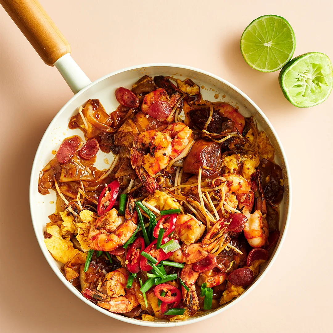 Top-down view of a skillet filled with char kway teow