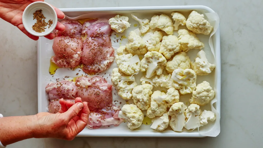 cumin seeds being sprinkled over chicken thigh and cauliflower on a baking tray