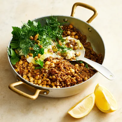 Chickpea & freekeh pilaf with herb salad