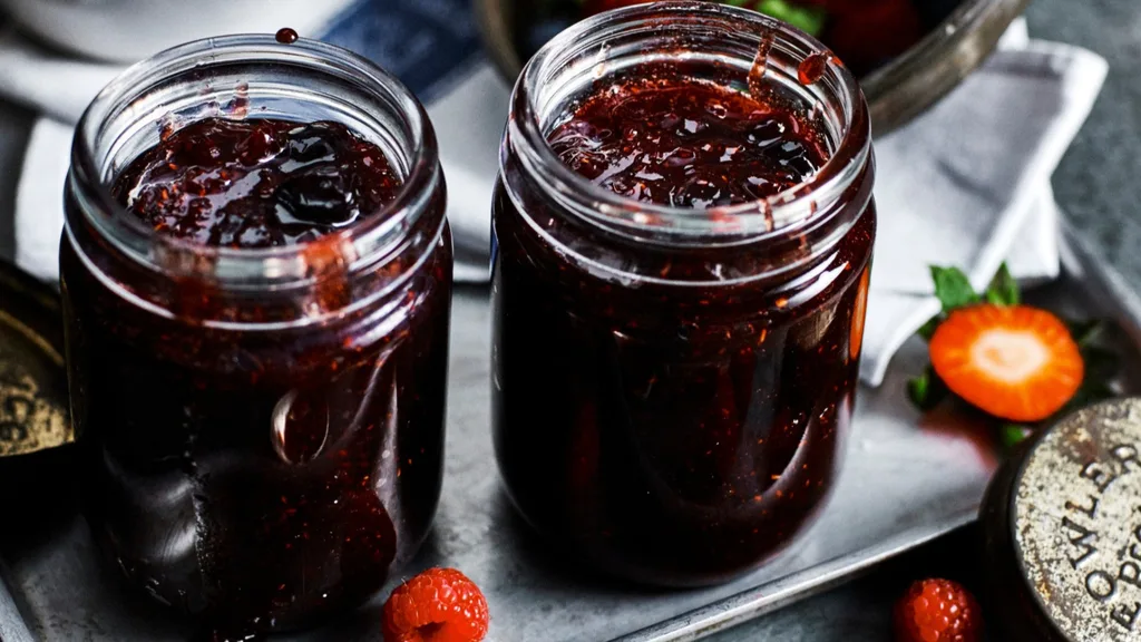 two glass jars of slow cooker mixed berry jam