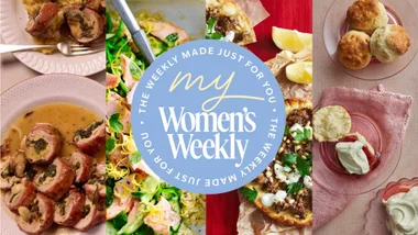 four food images from the weekly meal plan spring, with a round blue logo in centre