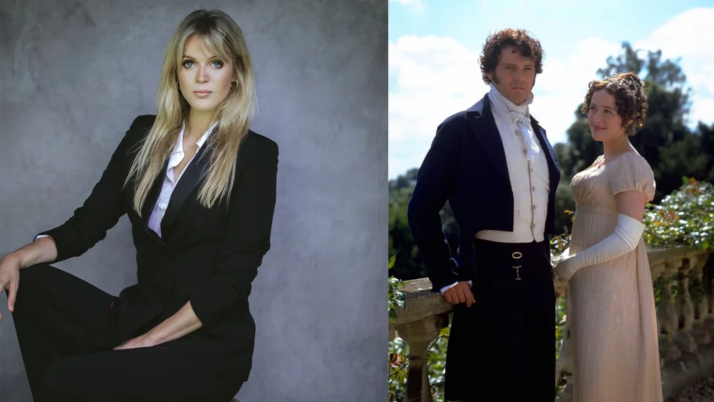 A picture of Dolly Alderton next to a film still showing Mr Darcy and Elizabeth Bennet from the BBC adaptation of Pride and Prejudice