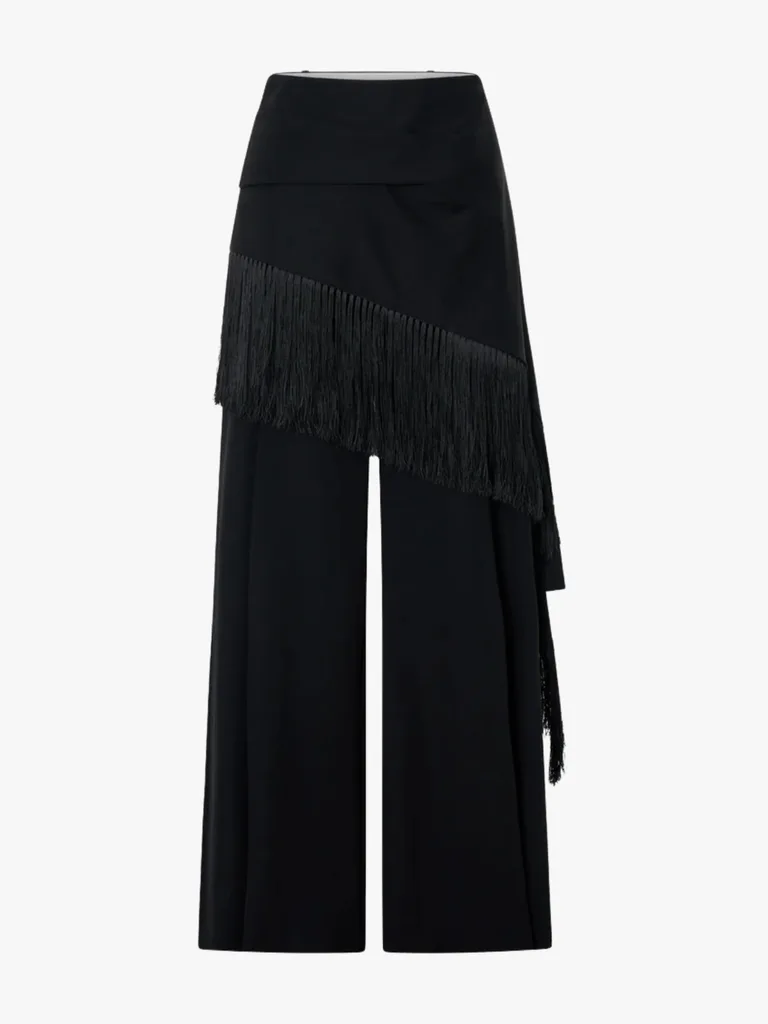 Black suit trousers with removable asymmetrical fringe skirt belt from Camilla and Marc Australia