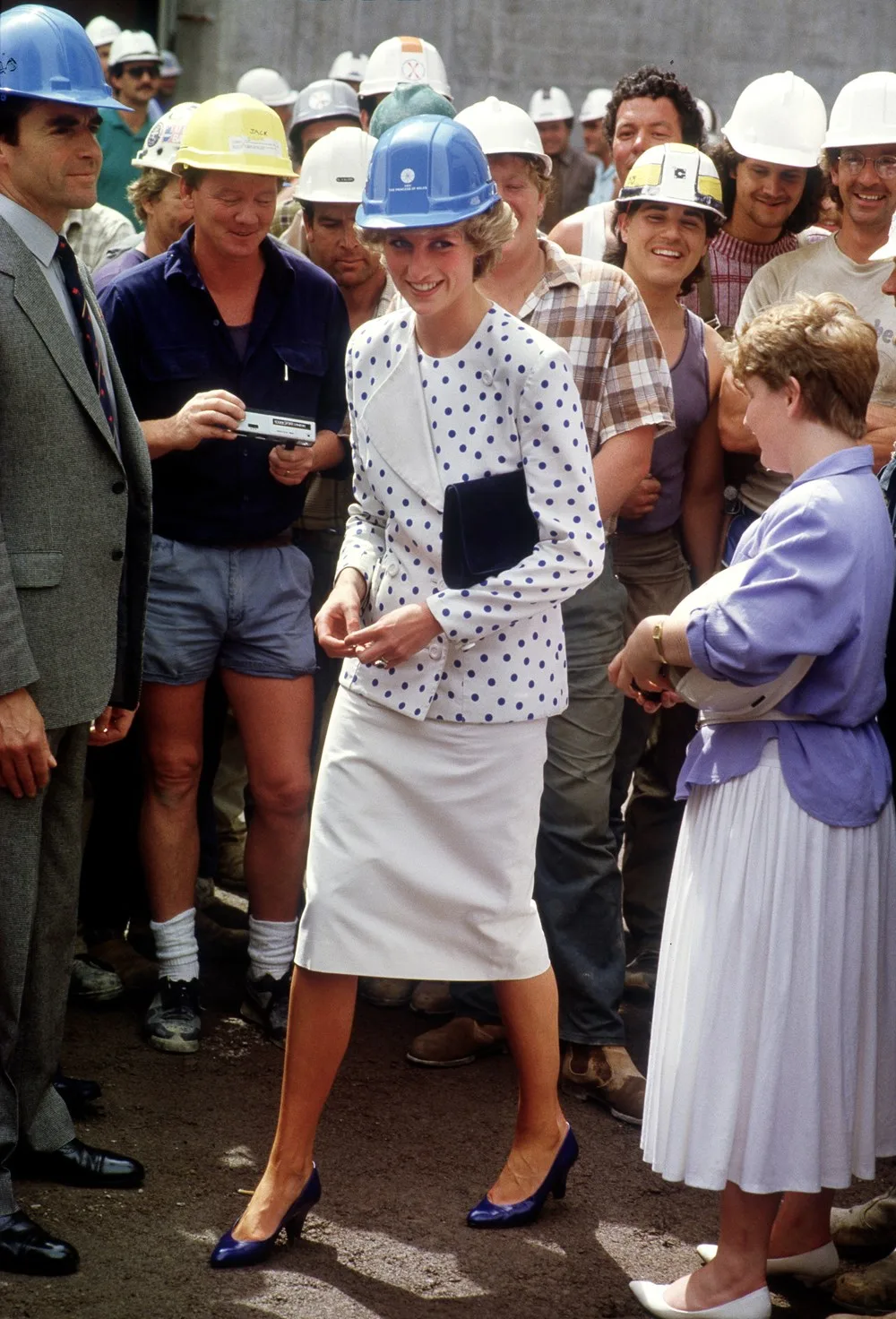 princess diana wearing blue and white polkadot top and white skirt in Canberra