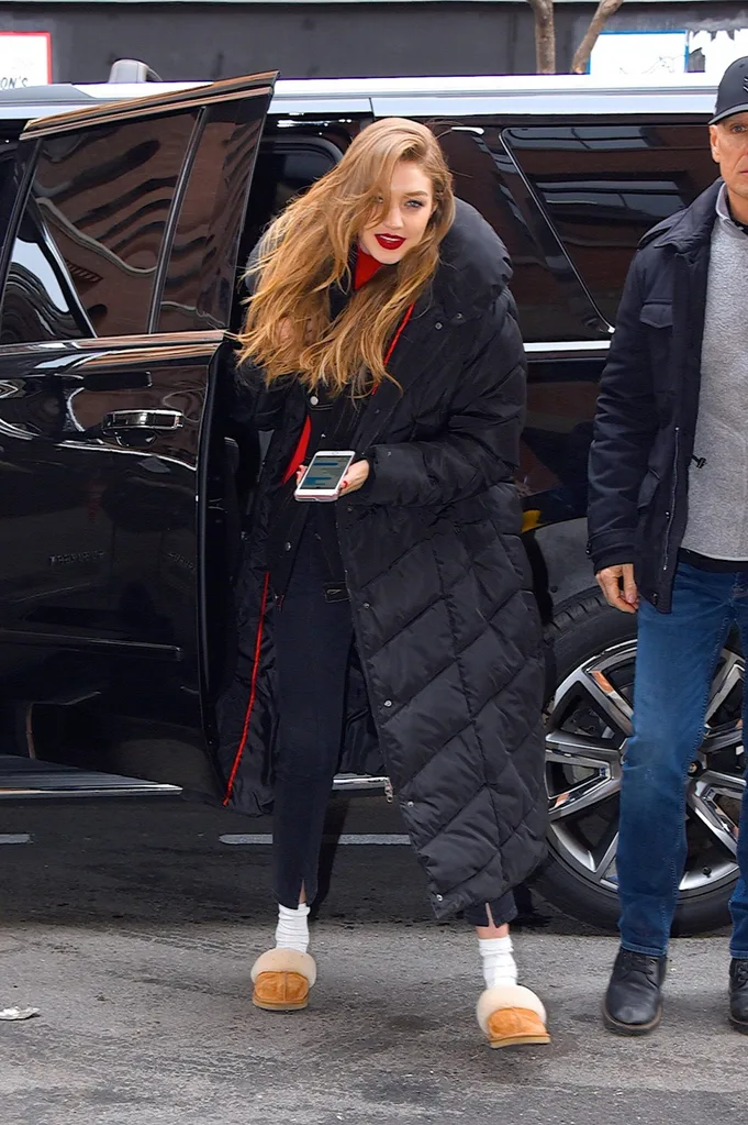 Gigi Hadid wearing slippers in New York