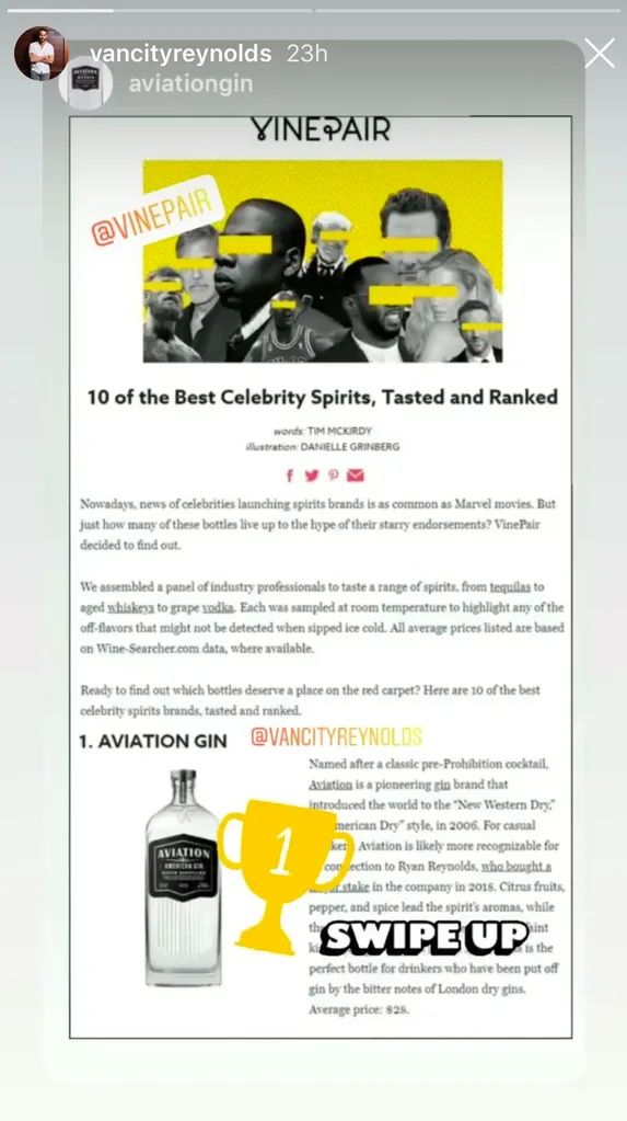 ryan reynolds gin brand boasts instragram