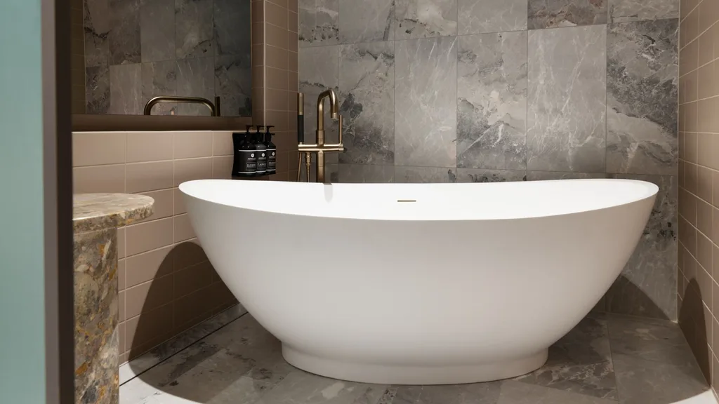 A freestanding bath in the Porter House Hotel suite in Sydney. The bathroom is clad in grey mottled marble tiles from floor to ceiling.