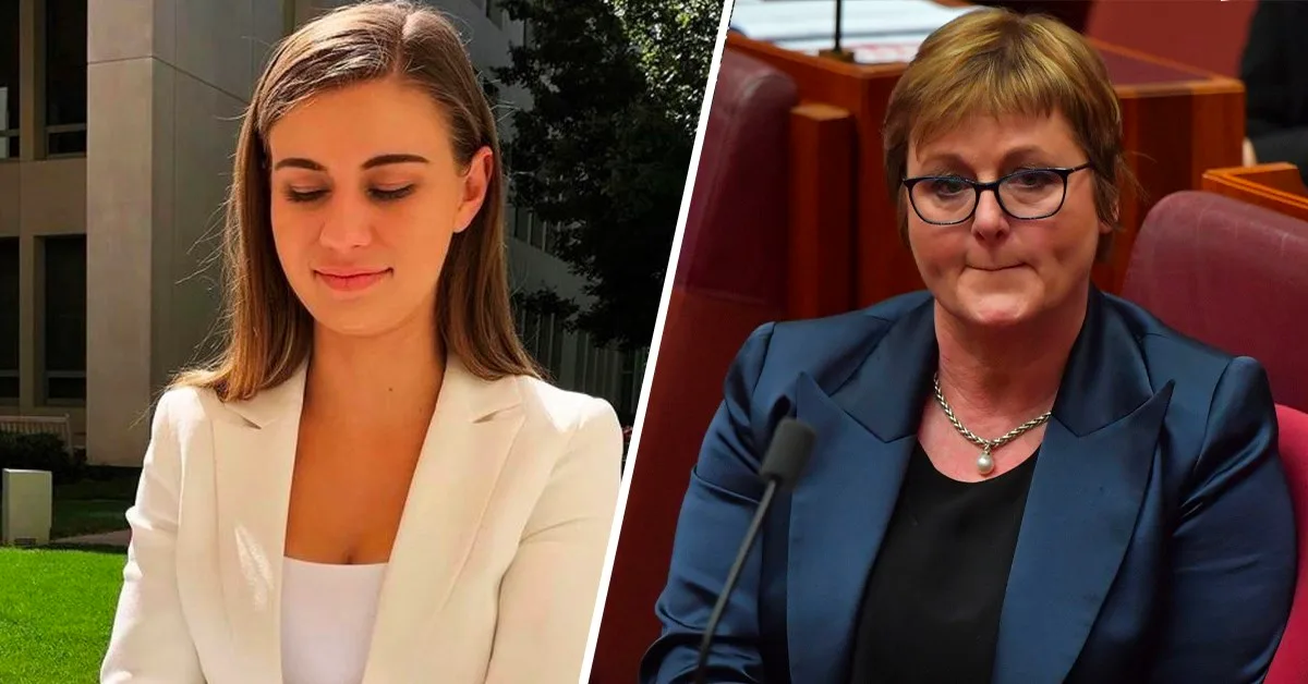 Two women in a split image; one in white outside, one in blue indoors at a desk.