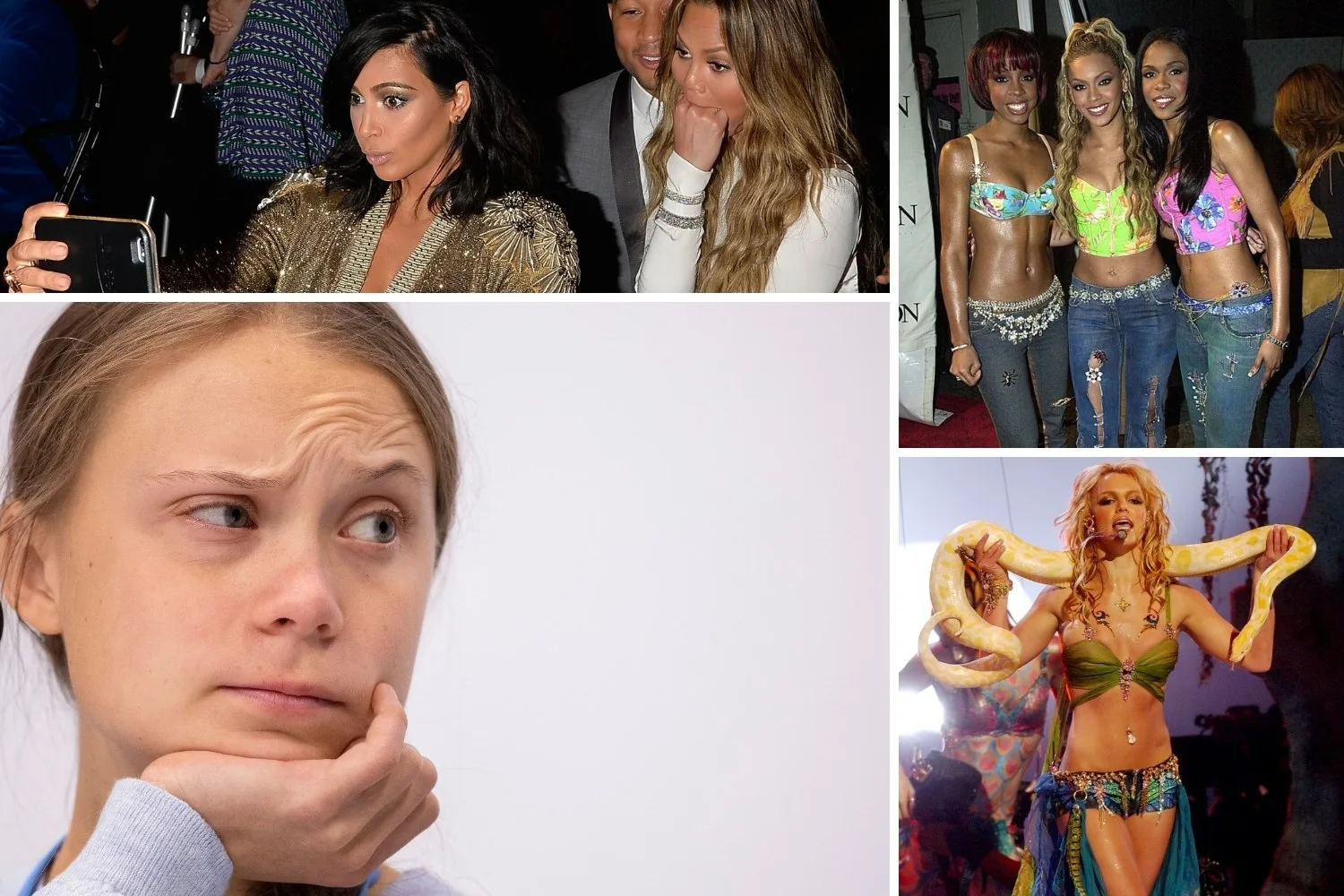Collage of celebrities: Woman taking selfie, person with hand on face, music group in colorful outfits, woman with snake.
