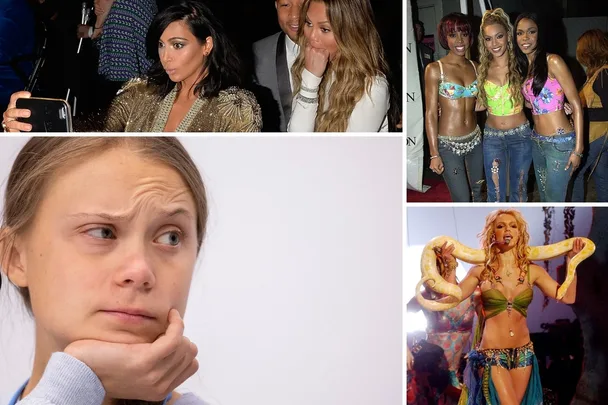 Collage of celebrities: Woman taking selfie, person with hand on face, music group in colorful outfits, woman with snake.