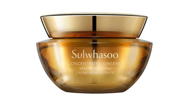 Sulwhasoo Concentrated Ginseng Renewing Cream in a gold-lidded jar, front view.