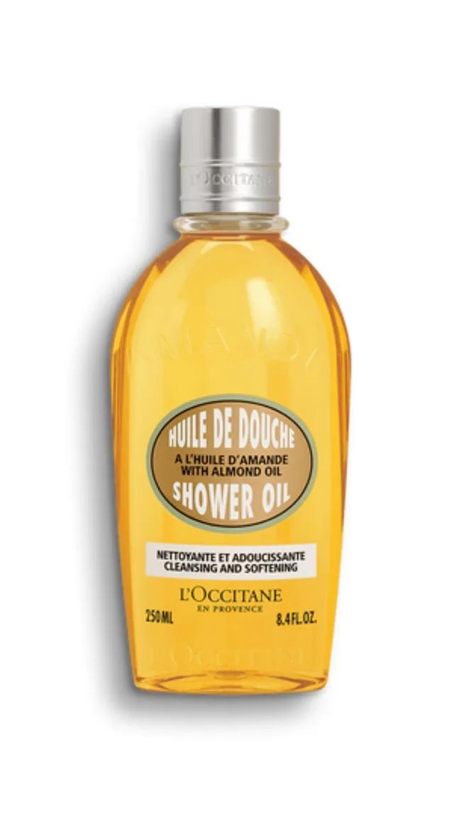 L'Occitane Almond Shower Oil bottle, 250 ml, with cleansing and softening label, silver cap.