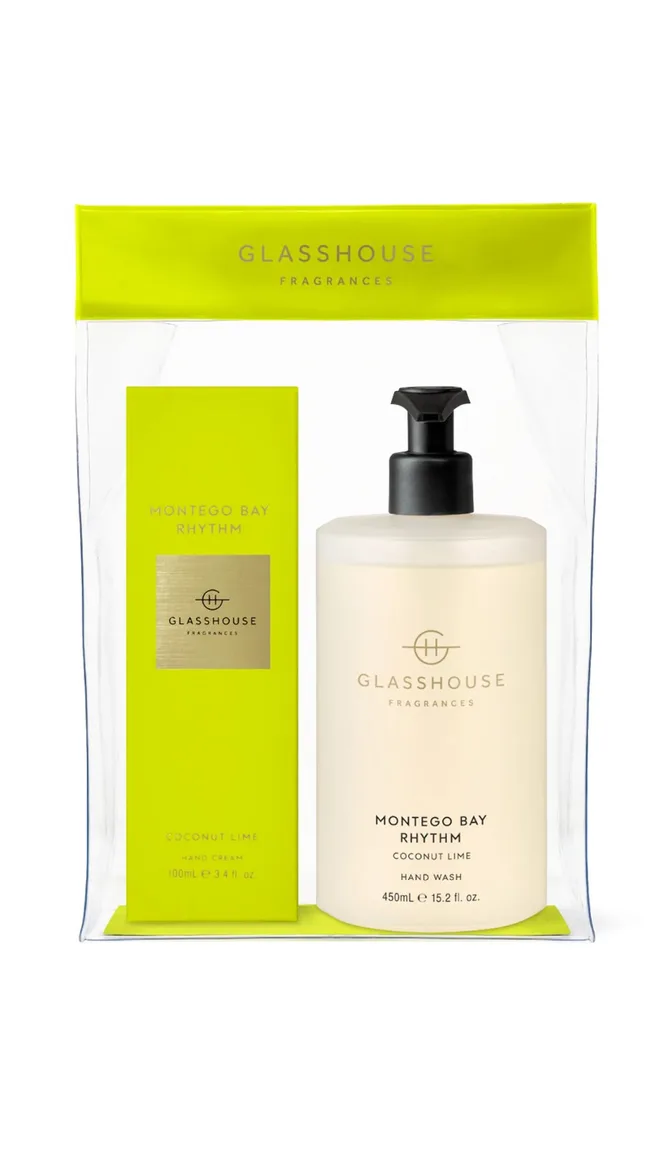 Glasshouse Fragrances Montego Bay Rhythm Coconut Lime hand wash and cream set in clear packaging.