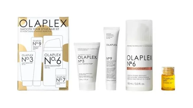 Olaplex hair care set with No.3, No.6, No.7, and No.9 products displayed next to the box.