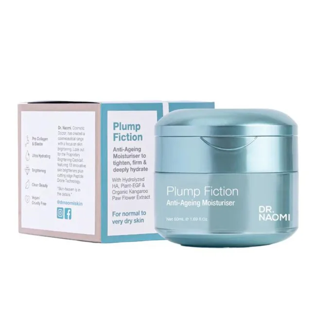 Moisturizer jar and box labeled "Plump Fiction Anti-Ageing Moisturiser" by Dr. Naomi, for normal to very dry skin.