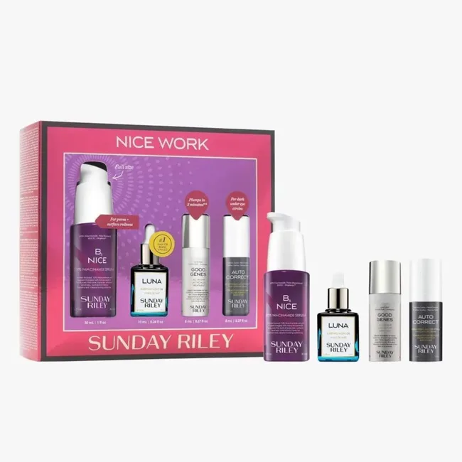 "Sunday Riley skincare set with B3 Nice serum, Luna oil, Good Genes, and Auto Correct in pink packaging."