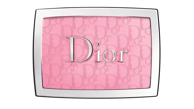 Dior logo on a pink background with silver border, featuring repeated Dior text as a pattern.