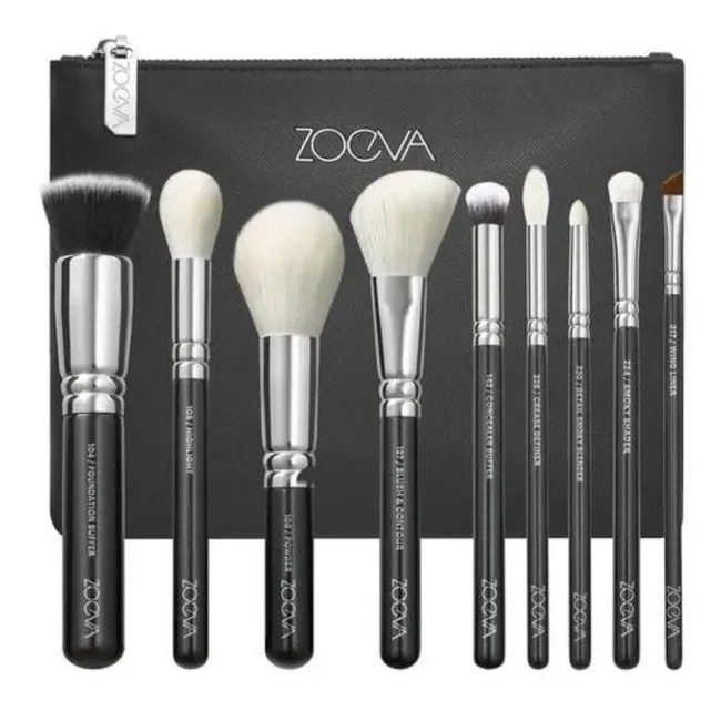 Zoeva makeup brush set with black handles and silver ferrules, includes nine brushes and a black ZOEVA-branded pouch.
