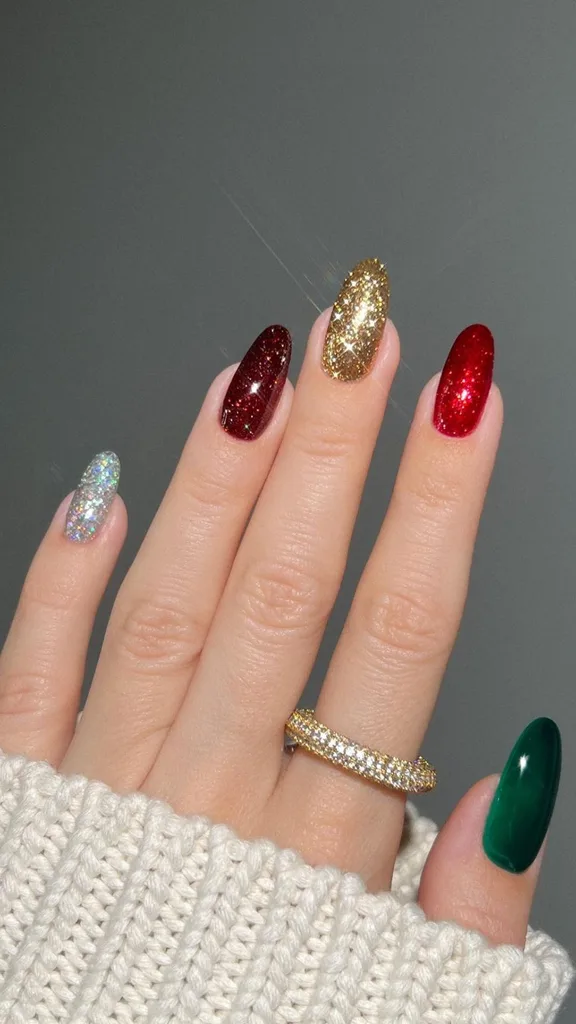 multicoloured jewel toned nail polish manicure