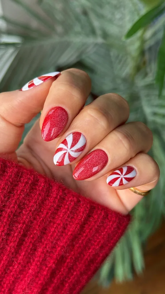 Candy cane stripe and red festive nail art