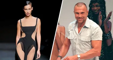 Model in a black cutout dress on the runway; designer smiling on stage with a model clapping in the background.