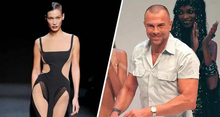 Model in a black cutout dress on the runway; designer smiling on stage with a model clapping in the background.