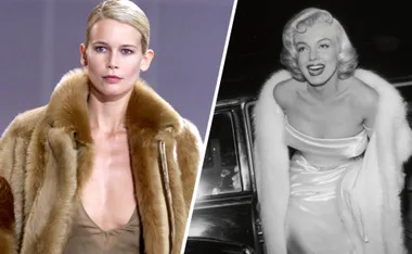 "Split image: Woman in fur coat on runway; retro black-and-white photo of smiling woman in satin dress and fur shawl."