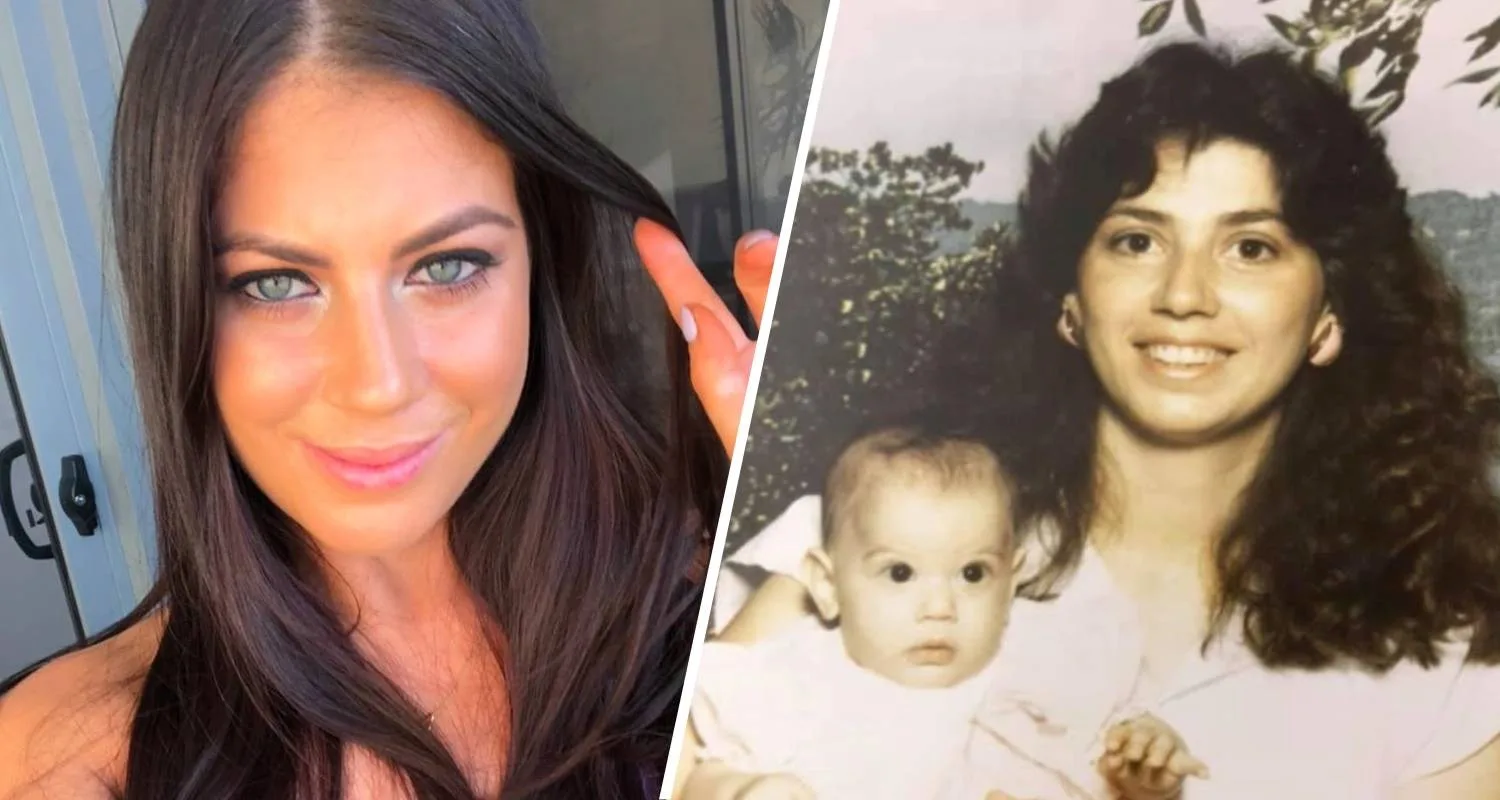 Portrait of a young woman on the left and a vintage photo of a woman holding a baby on the right.