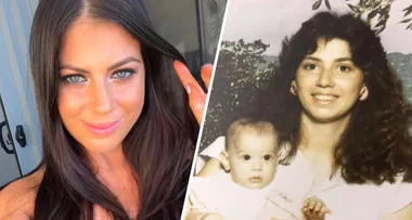 Portrait of a young woman on the left and a vintage photo of a woman holding a baby on the right.