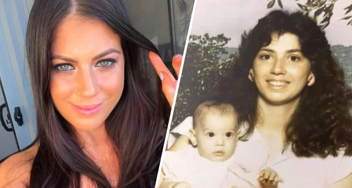 Portrait of a young woman on the left and a vintage photo of a woman holding a baby on the right.