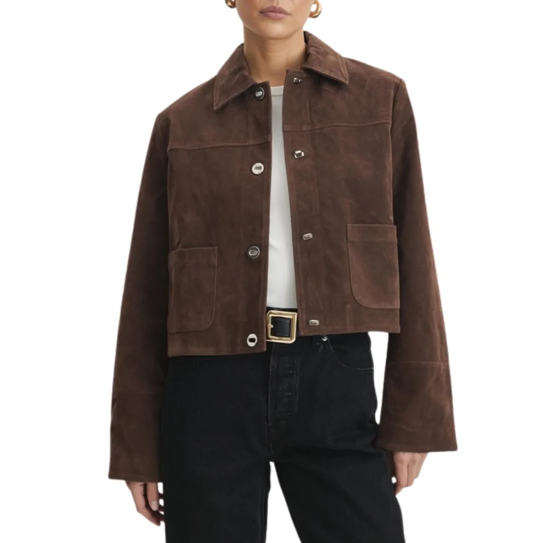 model wears a brown suede jacket