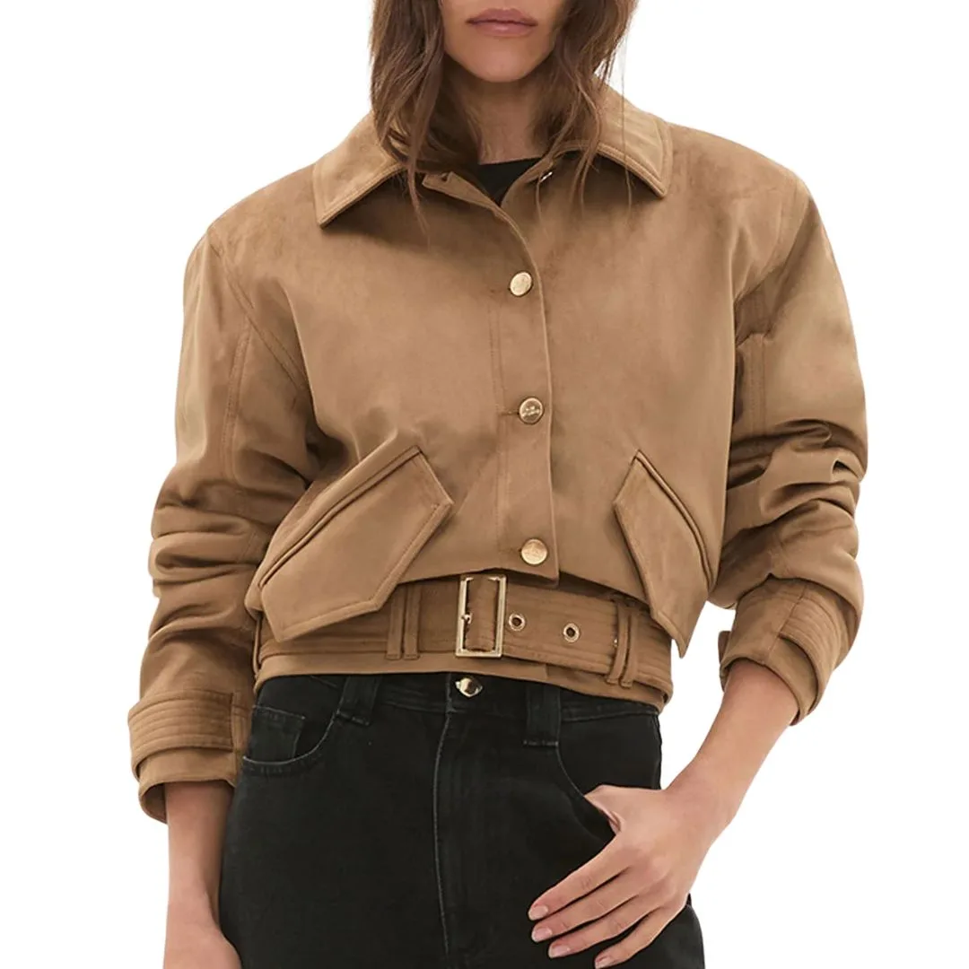 model wears a brown suede jacket