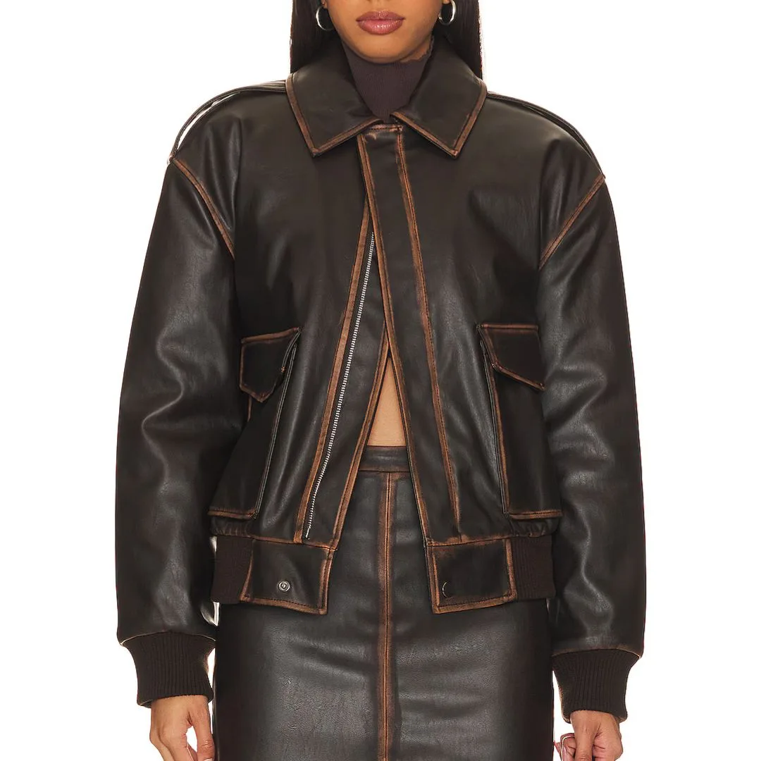 a female model wears a brown leather jacket