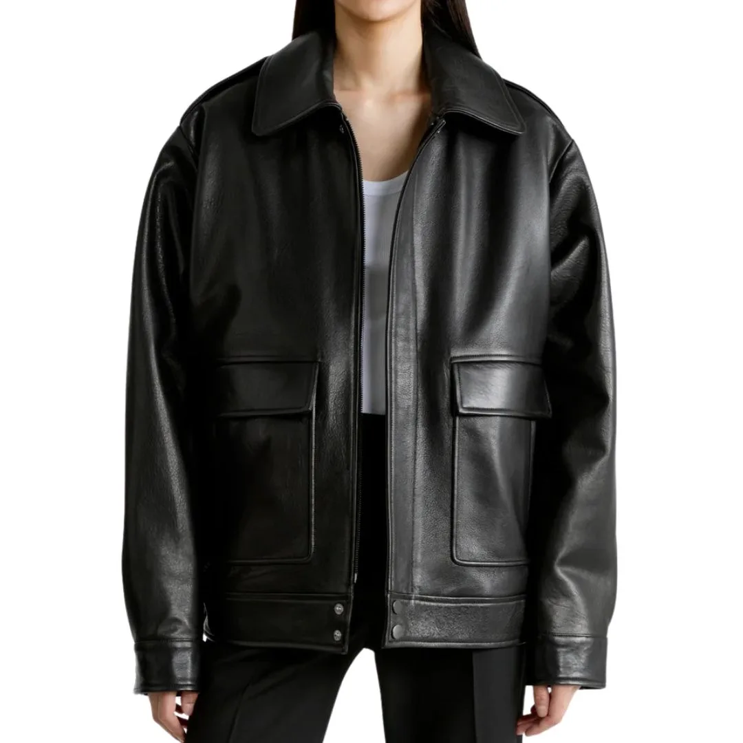 model wears black leather jacket 