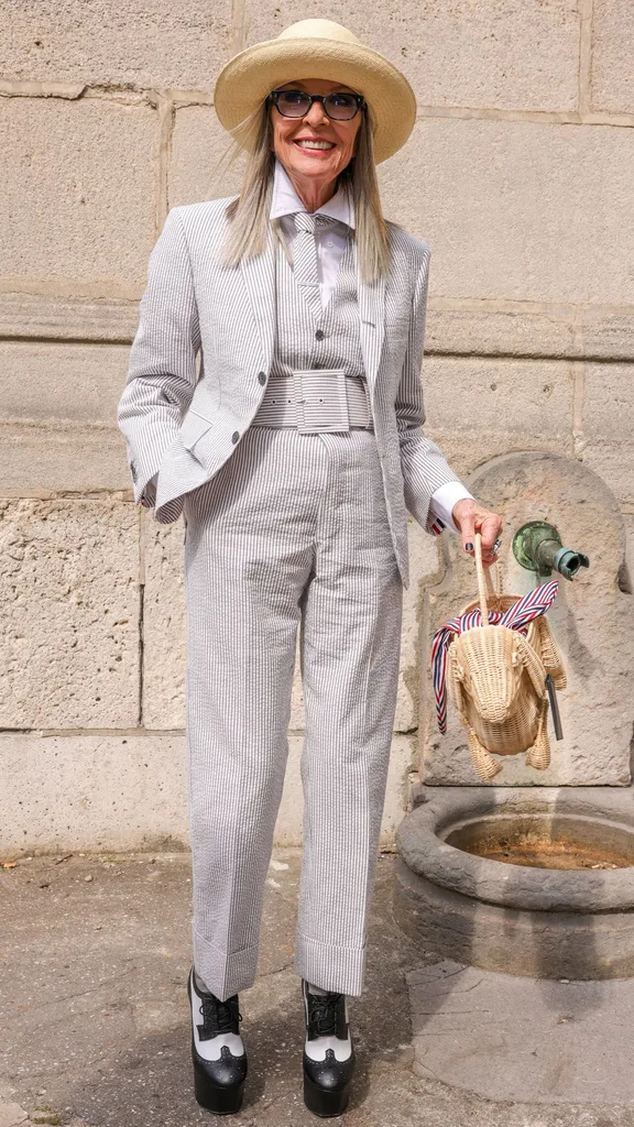 Diane Keaton at the Thom Browne Haute Couture Fall Winter 2023 show during Paris Fashion Week.