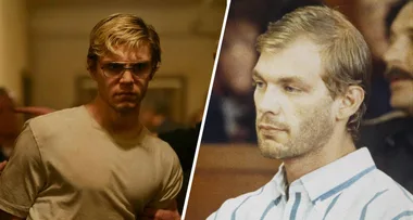 Two side-by-side images showing a character in glasses and a man with short hair in a courtroom.
