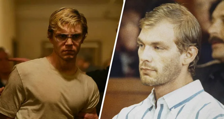 Two side-by-side images showing a character in glasses and a man with short hair in a courtroom.
