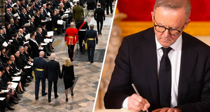 People attending a formal ceremony on the left; a man in a suit signing a document on the right.